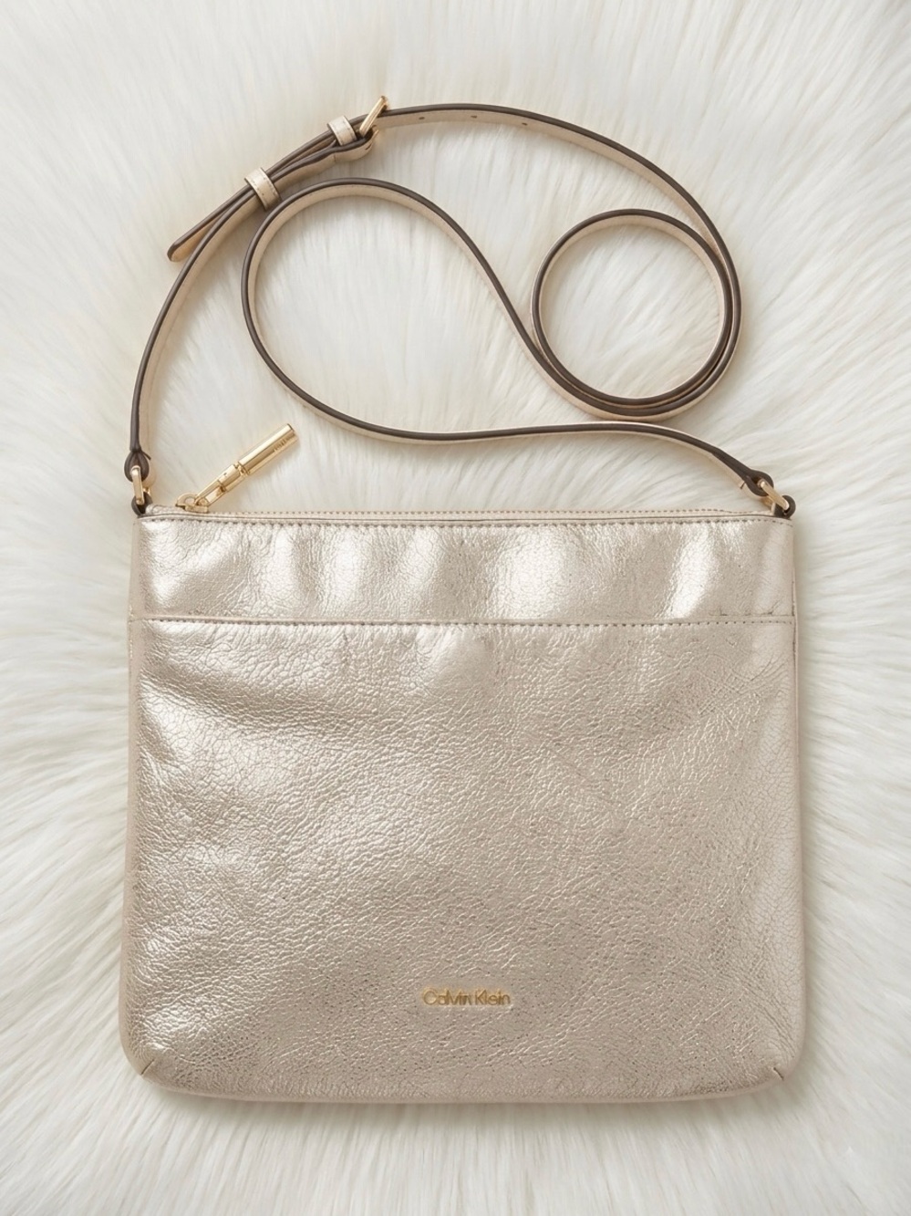 Calvin Klein Metallic Champagne Leather Crossbody Bag